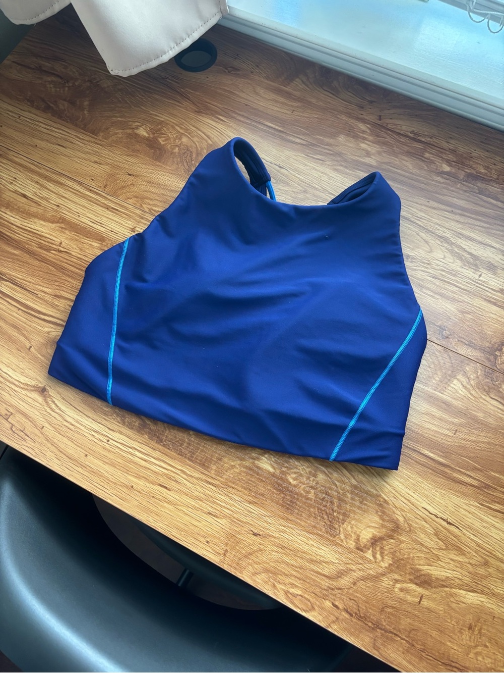 Athleta High-Neck Sports Bra in Navy Blue with Teal Trim